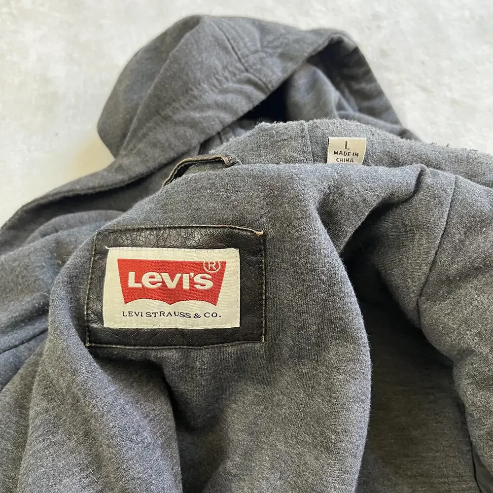 Levi's Jacket Mens Large Black Faux Leather Hooded Lined Biker Motorcycle READ